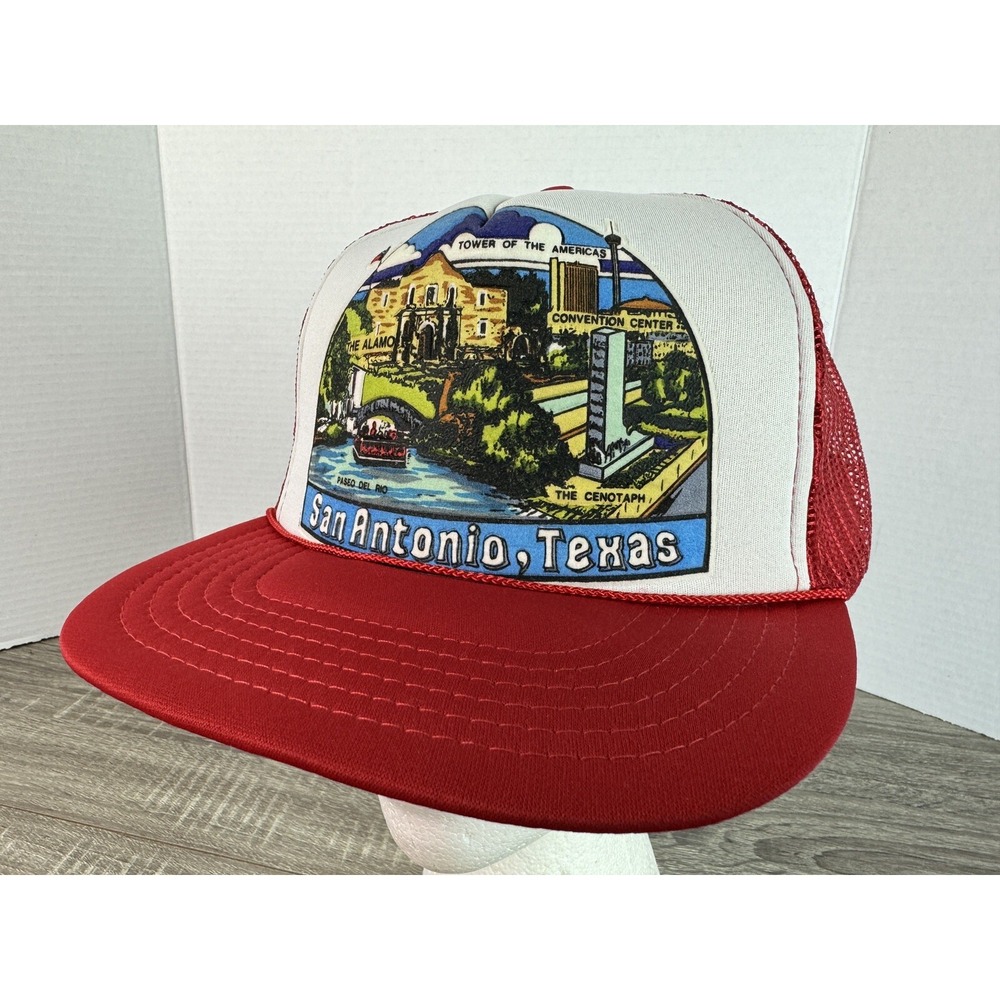 San Antonio Texas Hat ~ Trucker Rope Foam Snapback Cap Red White Alamo Vtg 80s